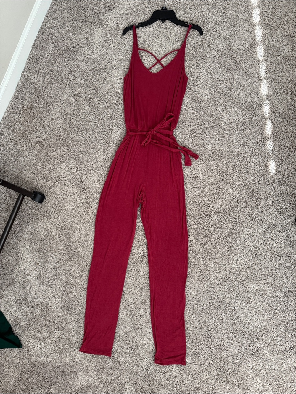 Pink Rose Burgundy Sleeveless Crisscross Strap Jumpsuit with Tie Waist